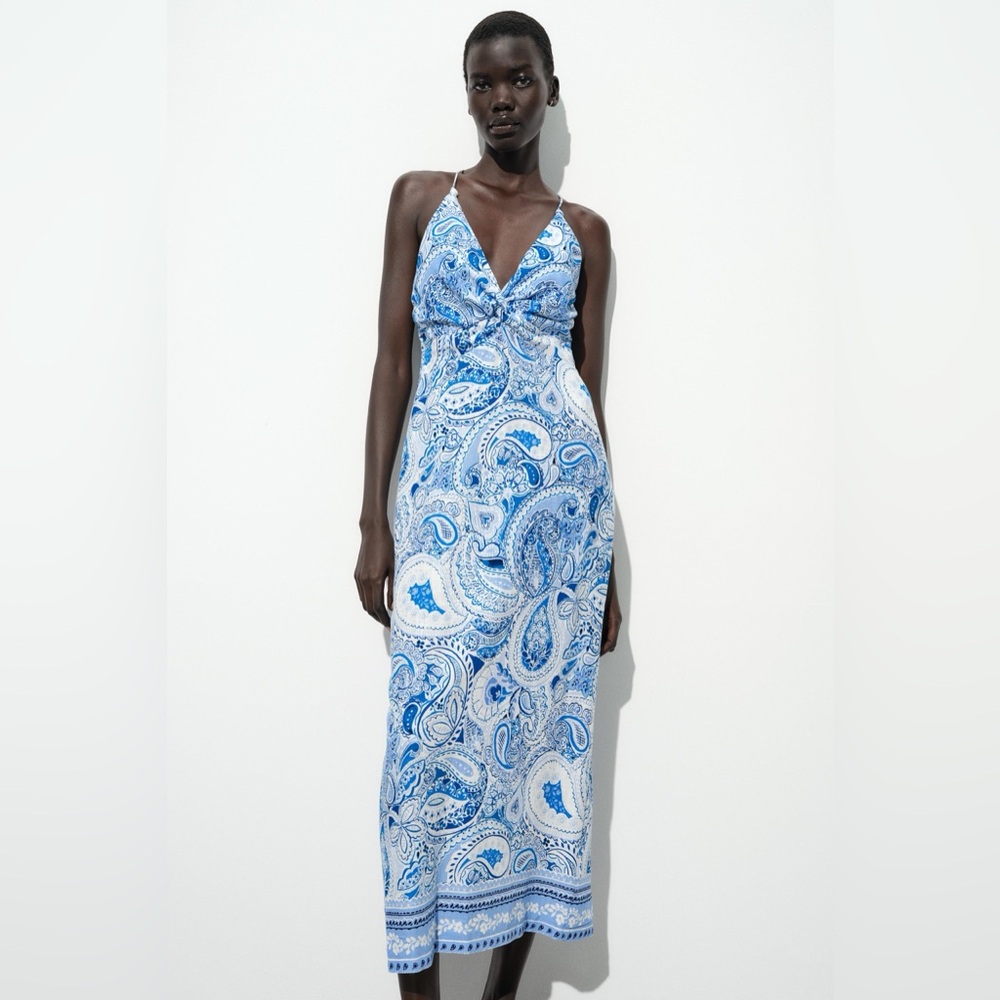 Zara Blue and White Paisley Midi Dress